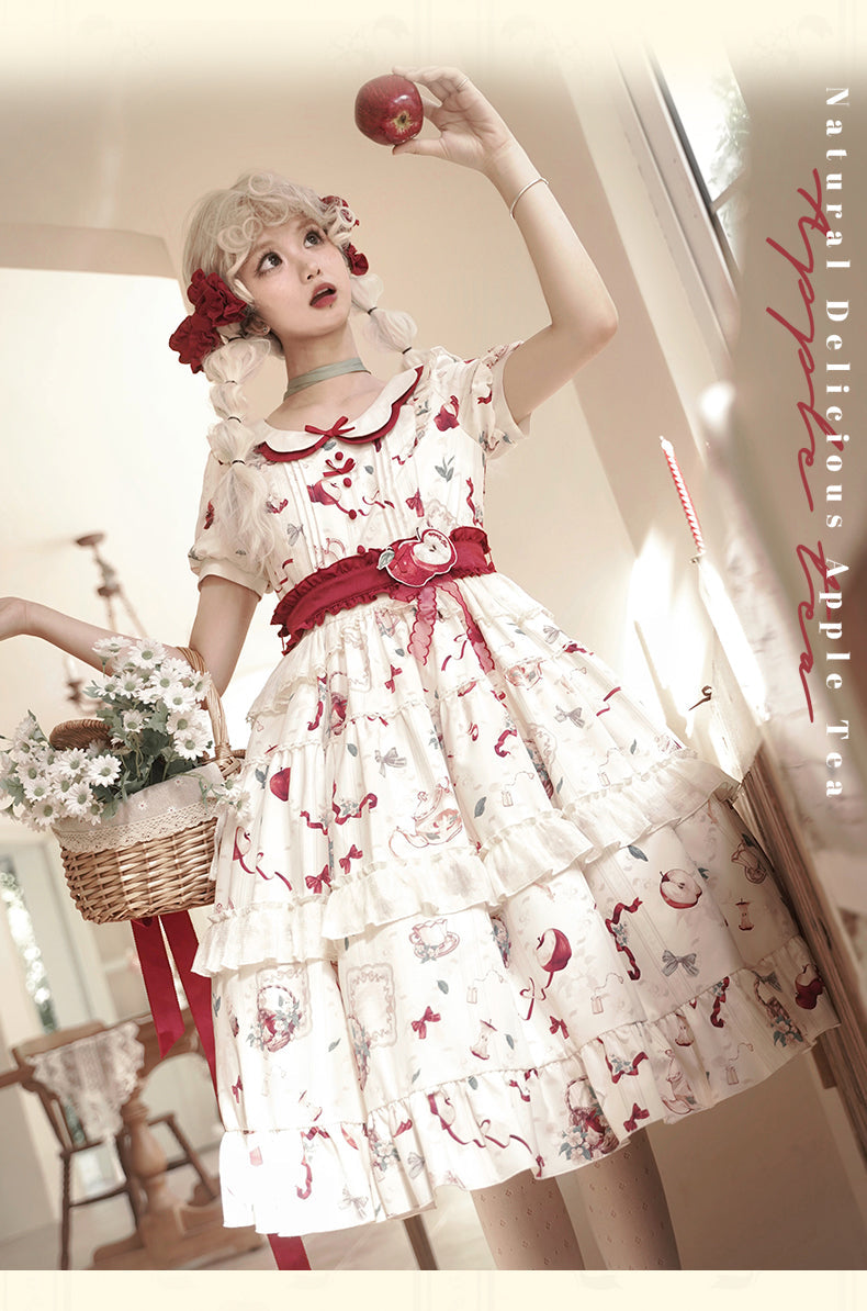 Vintage Whimsy Lolita OP - Cream Floral Pattern with Red Accents