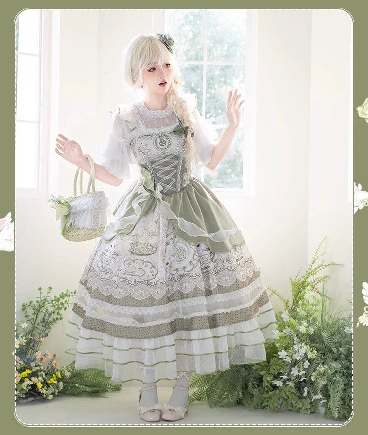Sweet Lolita Dress - Light Green Layered Tulle Skirt with Lace & Embroidery
