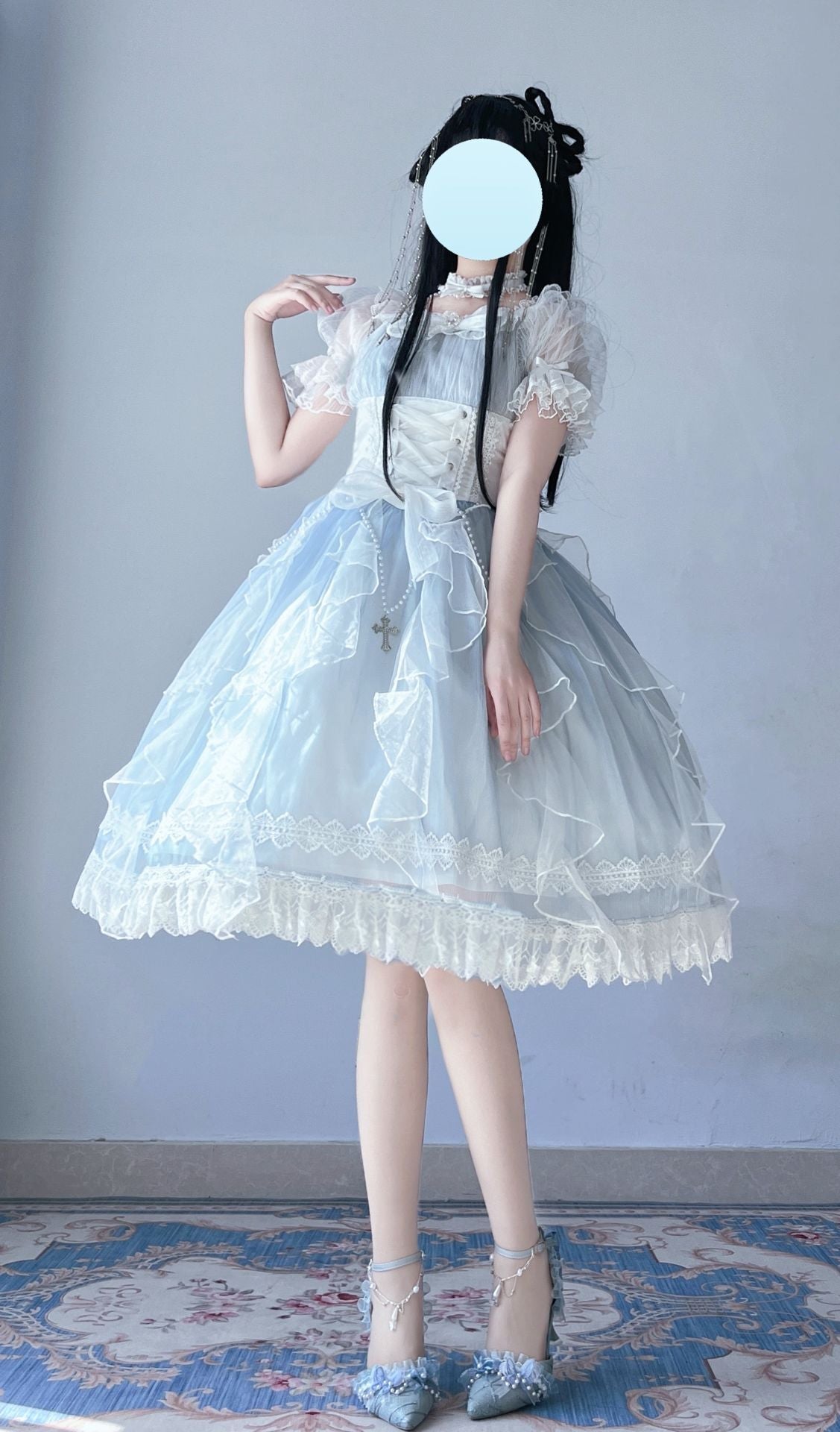 Ethereal Pastel Blue Lolita OP with Delicate Lace Accents and Adjustable Waist Ties