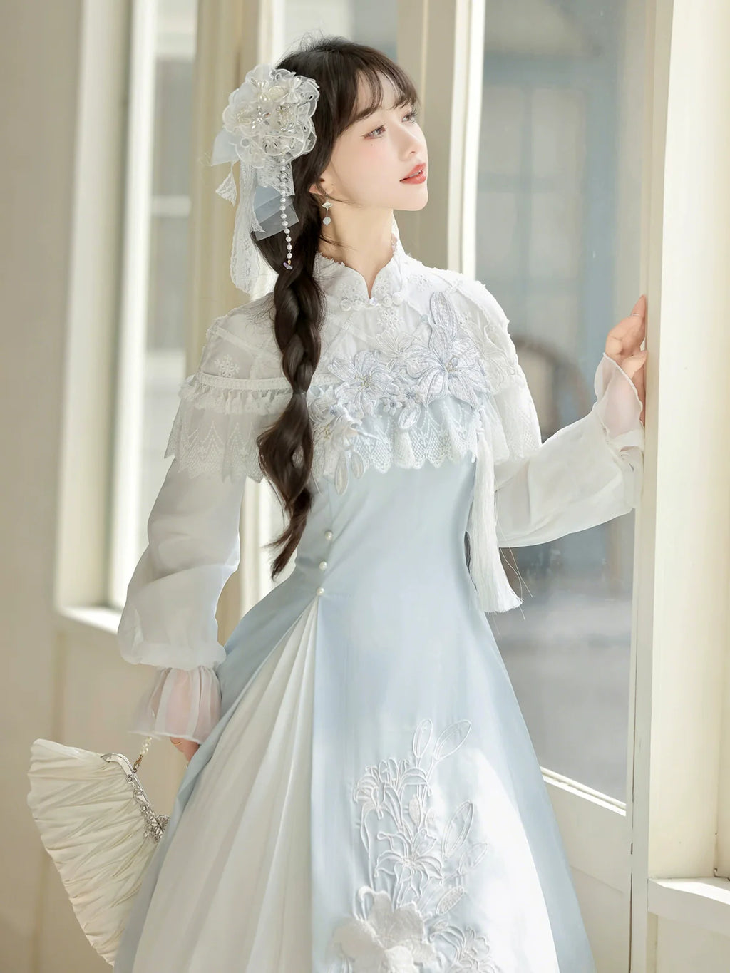 Light - blue Traditional Chinese - style Dress with Delicate Floral Embroidery and Sheer Sleeves