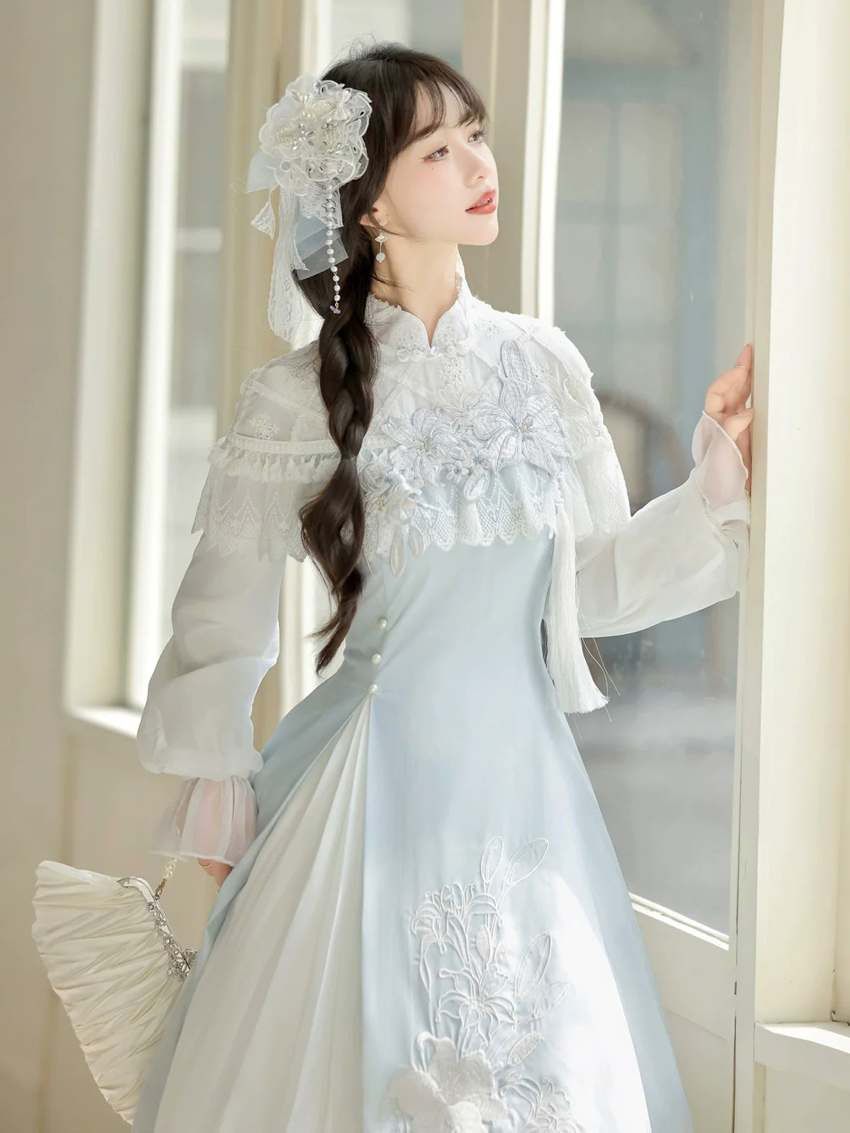 Light - blue Traditional Chinese - style Dress with Delicate Floral Embroidery and Sheer Sleeves
