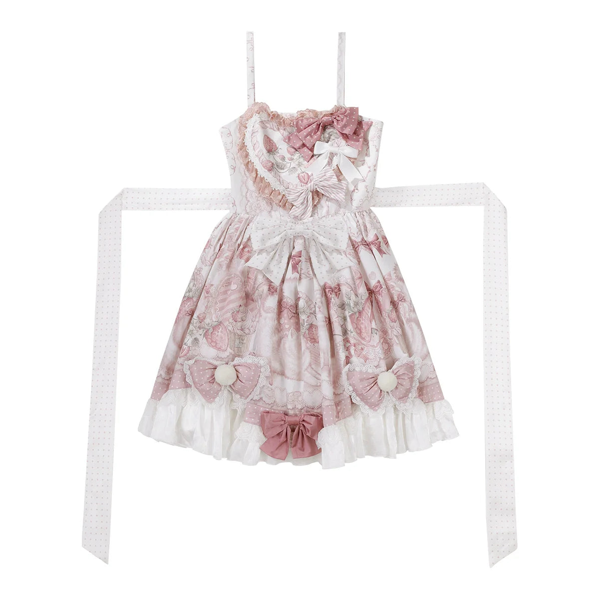 Lolita Capelette Dress Set with Bow - detail and Lace Trim, Pastel Pink and White Color Scheme