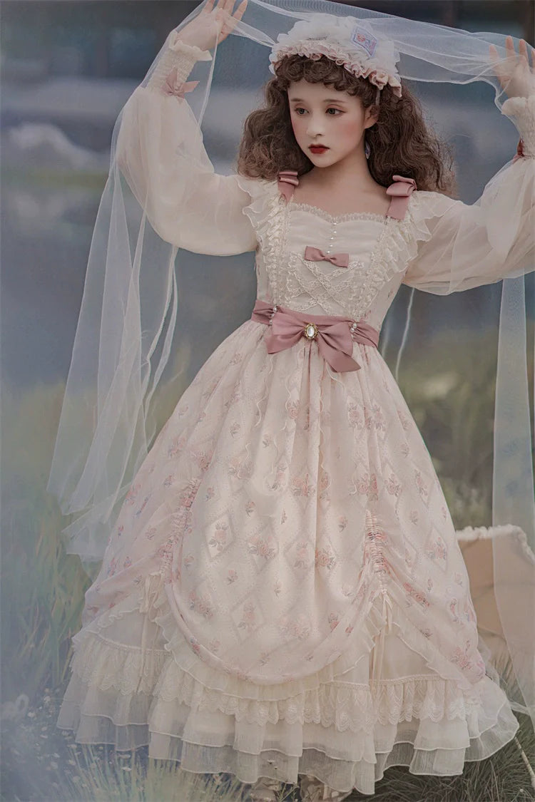 Elegant Cream Lolita Dress with Floral Embroidery and Ruffled Skirt - Perfect for Tea Parties and Special Occasions