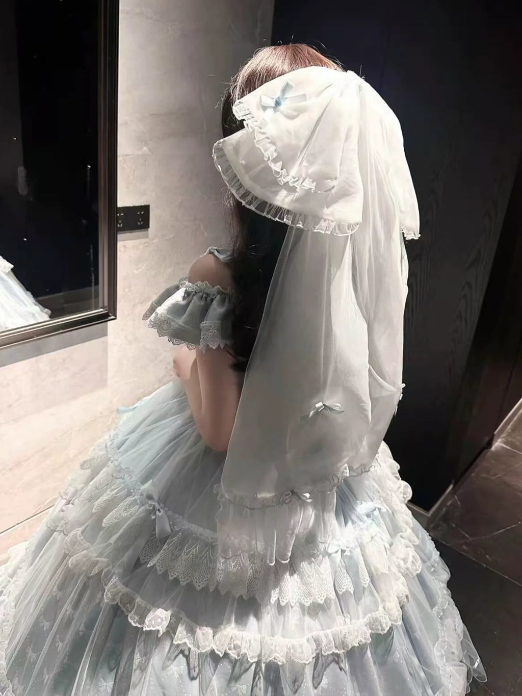 Off - the - shoulder Lolita Gown with Intricate Lace and Multiple Tiers of Ruffles