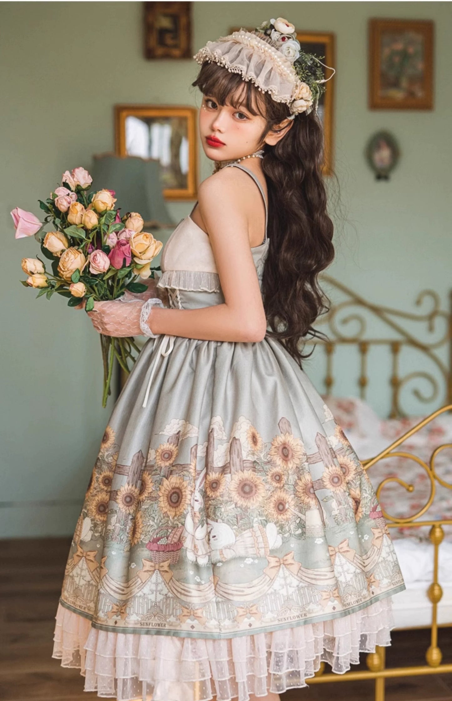 Vintage Floral Lolita Dress with Tulle Layers, Off - the - Shoulder Sleeves & Delicate Headpiece