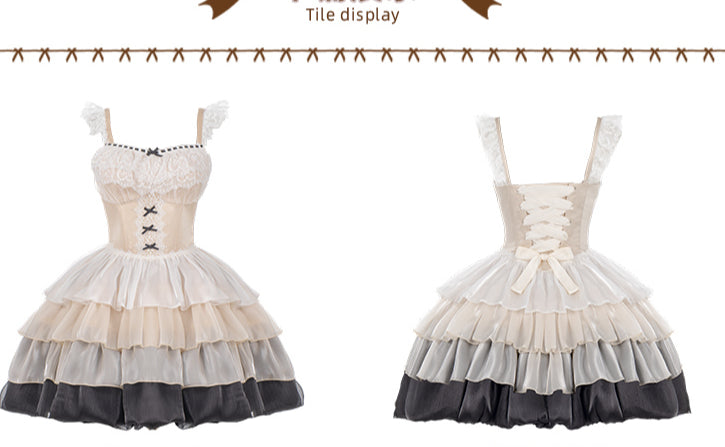 Paris Sunset JSK Fishbone with Built-in Bra Pads, Layered Skirt, Dramatic Full-Skirt Streamer Lolita Dress for All Seasons