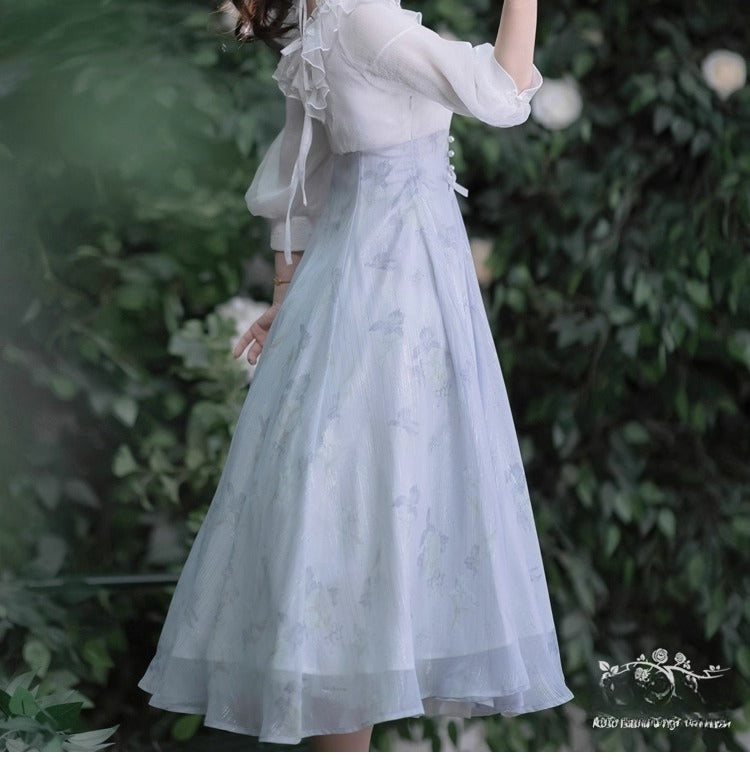 Lolita Fairy Dress! Lace Puff Sleeves + Light Blue Floral Maxi Skirt, Spring Garden Date Outfit