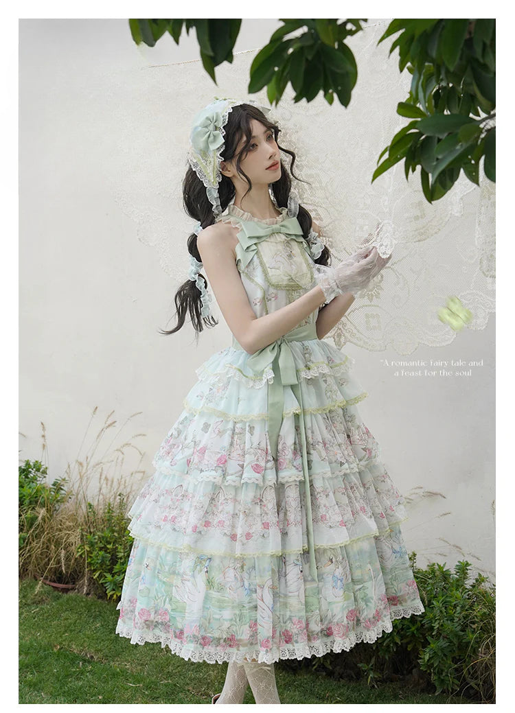 Elegant Vintage Floral Lolita JSK with Ruffled Details and Adjustable Waist Ties