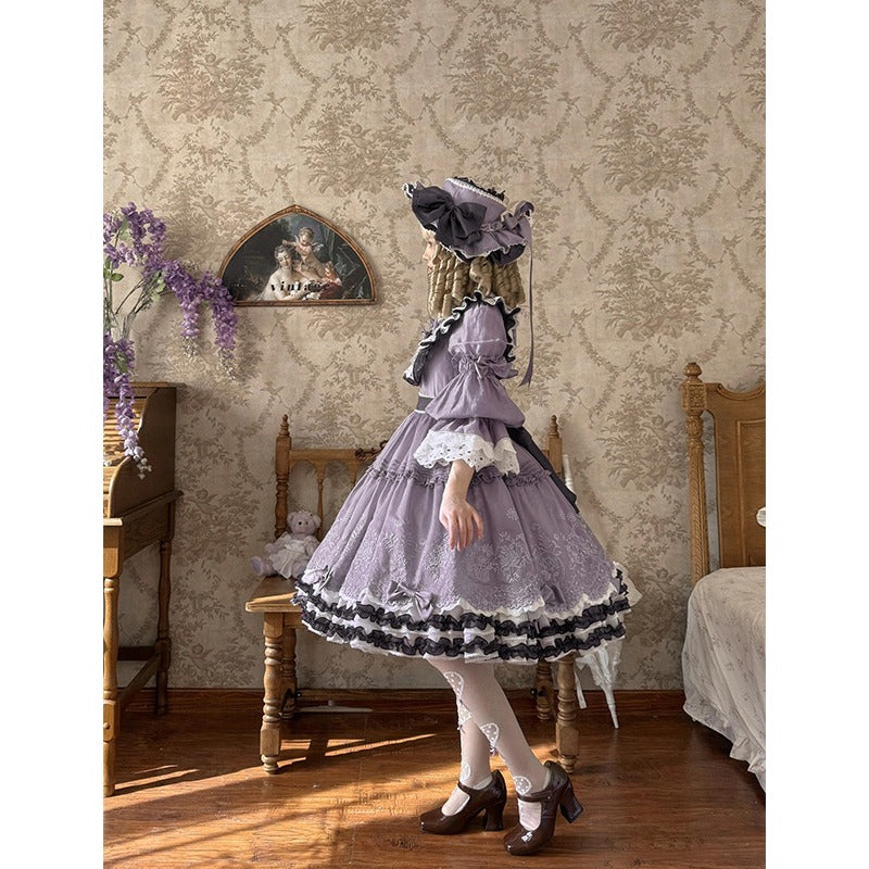 Elegant Lavender Lolita OP Dress with Lace and Ruffled Trims - Versatile and Whimsical Vintage-Inspired Fashion
