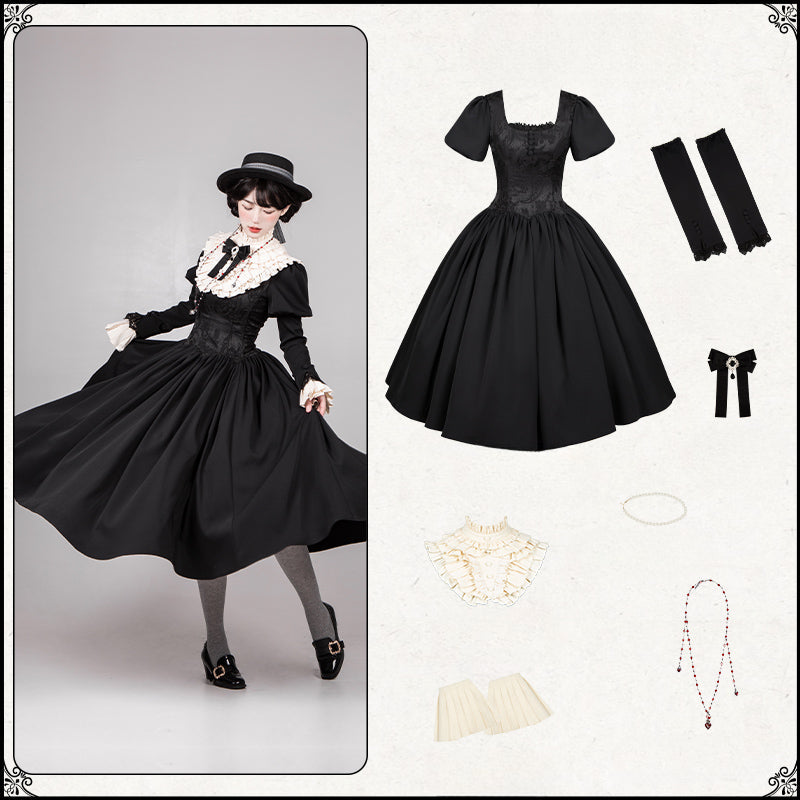 Black & Cream Whimsical Lolita Dress – Multi-Tiered Lace Skirt