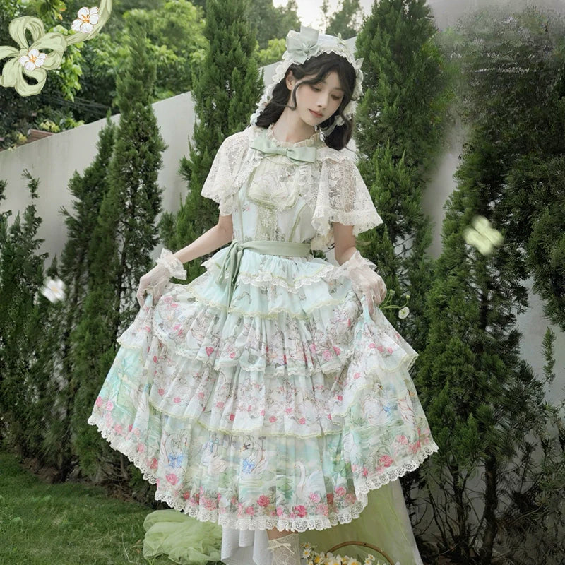 Elegant Vintage Floral Lolita JSK with Ruffled Details and Adjustable Waist Ties