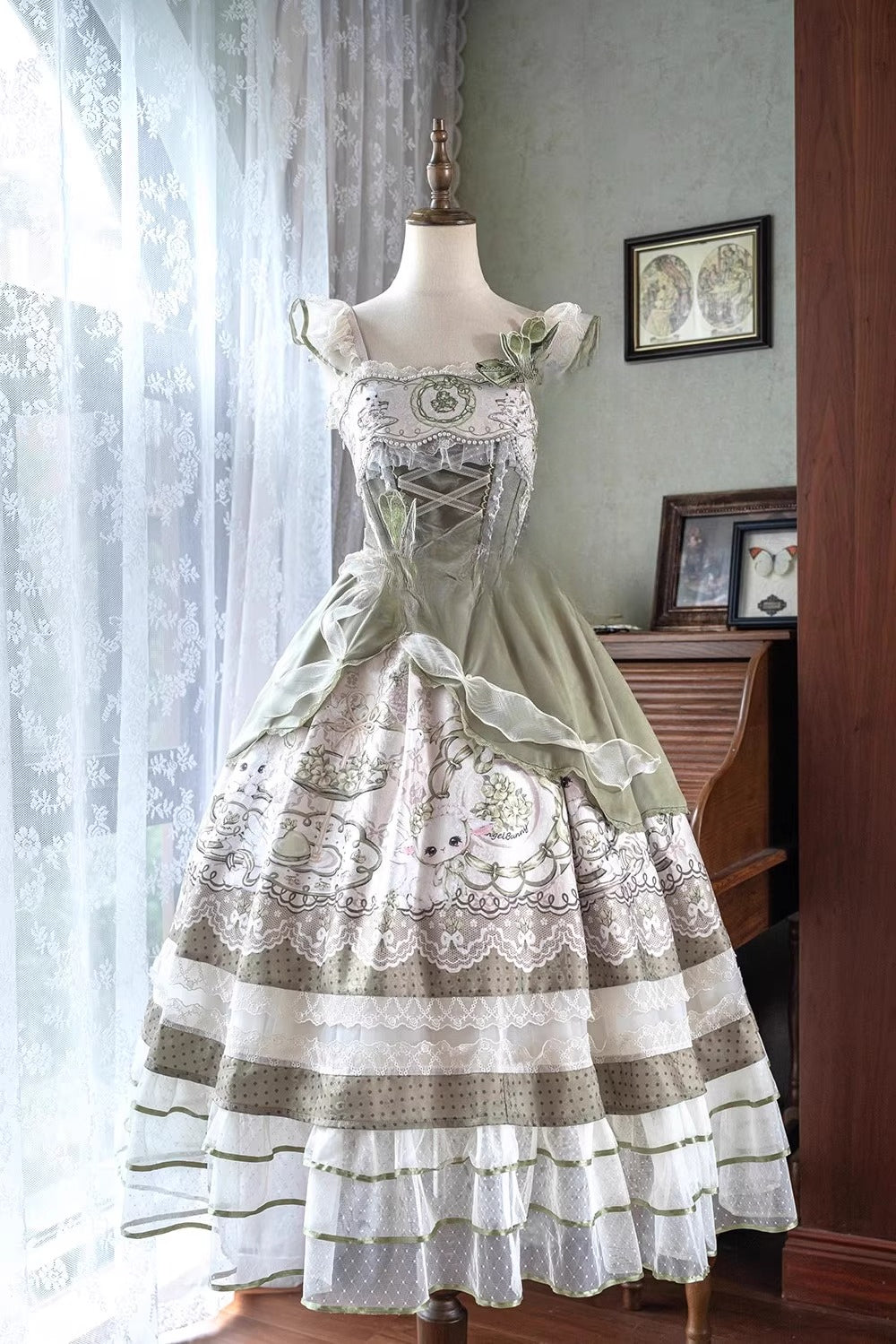 Sweet Lolita Dress - Light Green Layered Tulle Skirt with Lace & Embroidery