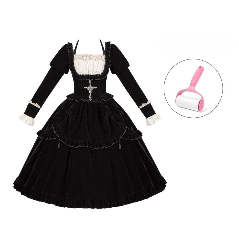 Square Neck Waist Boned Velvet OP Lolita (Gemini Winter Collection)