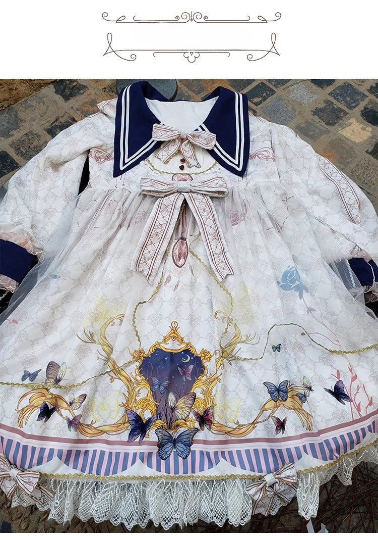 Lolita Tea Party Dress! Navy Collar Embroidered Bow Floral Jacquard Puffy Long Sleeve OP Dress
