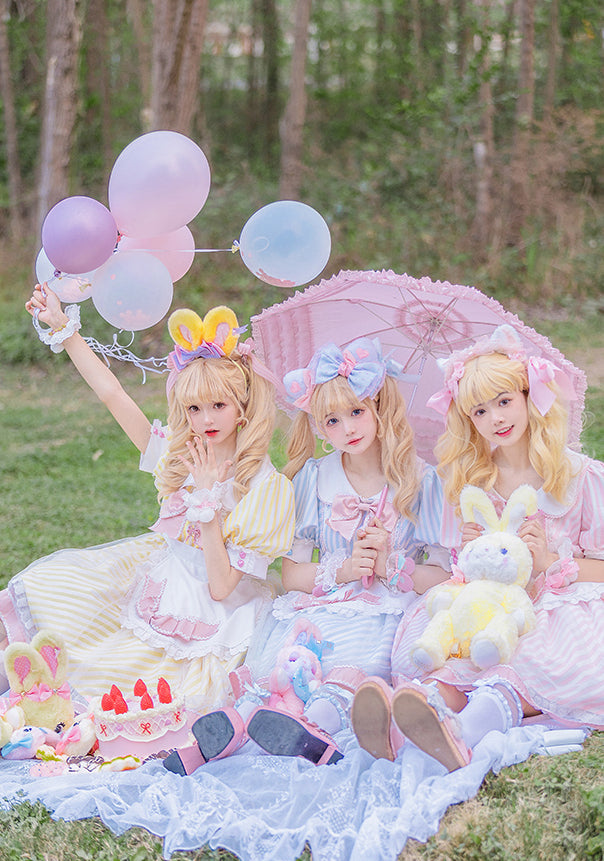 Lemonade Striped Puff-Sleeve Sweet Lolita Dress with Pink Bowknot & Lace Apron