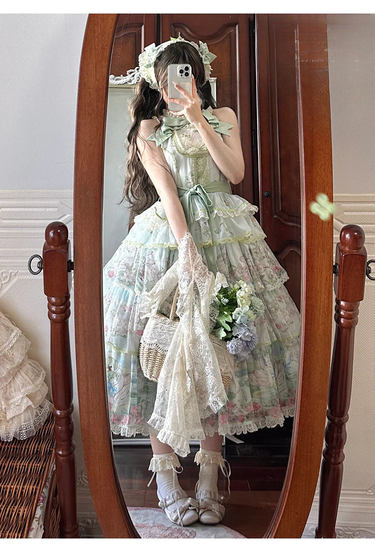 Elegant Vintage Floral Lolita JSK with Ruffled Details and Adjustable Waist Ties