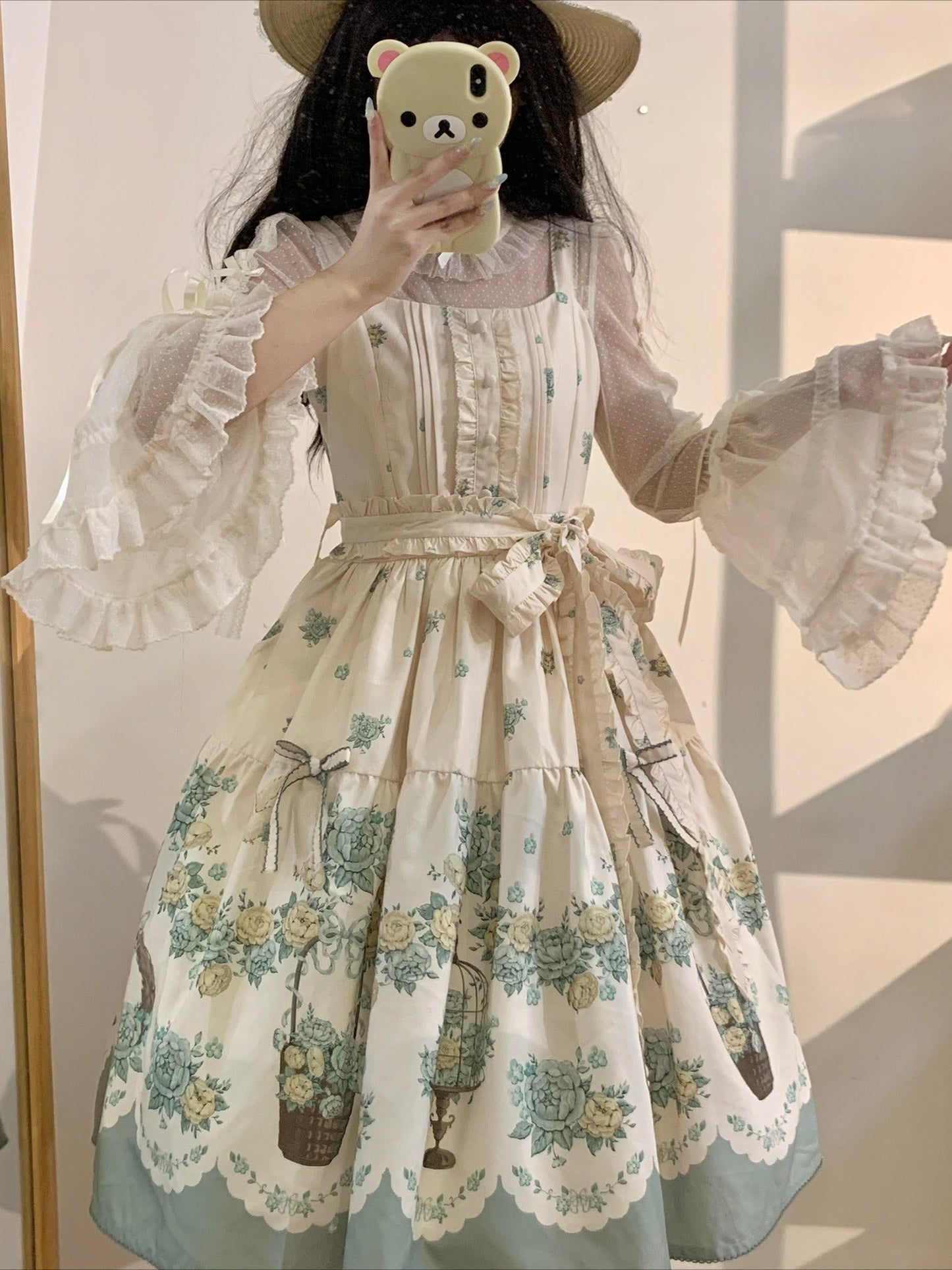 Bluebird Garden Lolita JSK – Elegant Floral Print Cla Series Dress with Waist Tie and Scalloped Hem