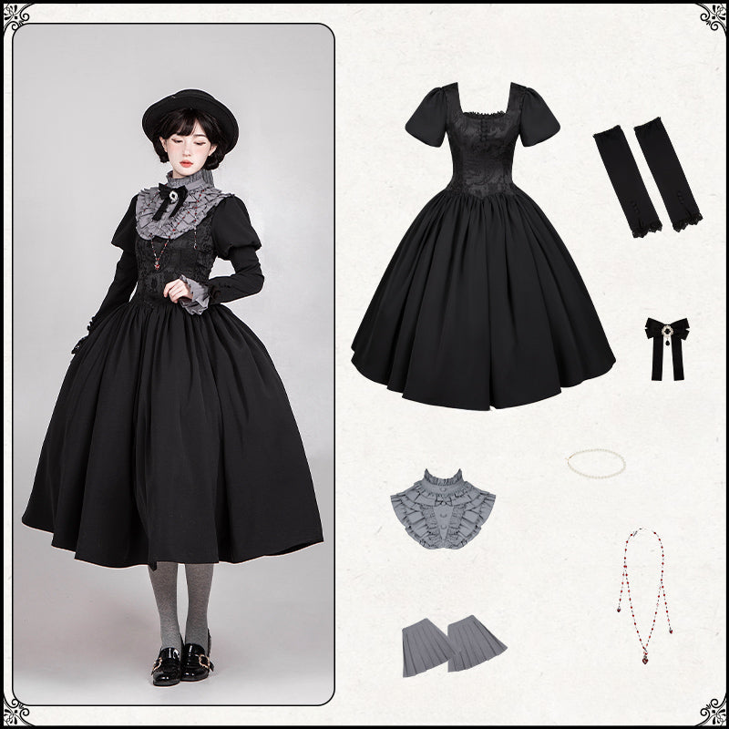 Black & Cream Whimsical Lolita Dress – Multi-Tiered Lace Skirt