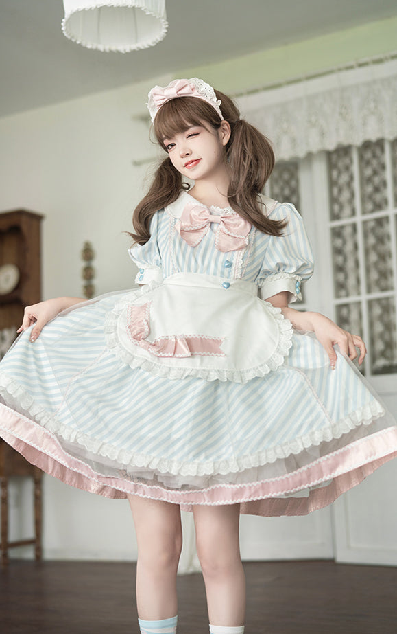 Lemonade Striped Puff-Sleeve Sweet Lolita Dress with Pink Bowknot & Lace Apron