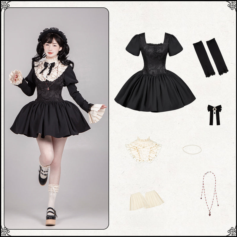 Black & Cream Whimsical Lolita Dress – Multi-Tiered Lace Skirt