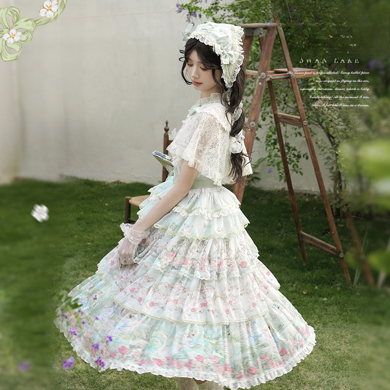 Elegant Vintage Floral Lolita JSK with Ruffled Details and Adjustable Waist Ties