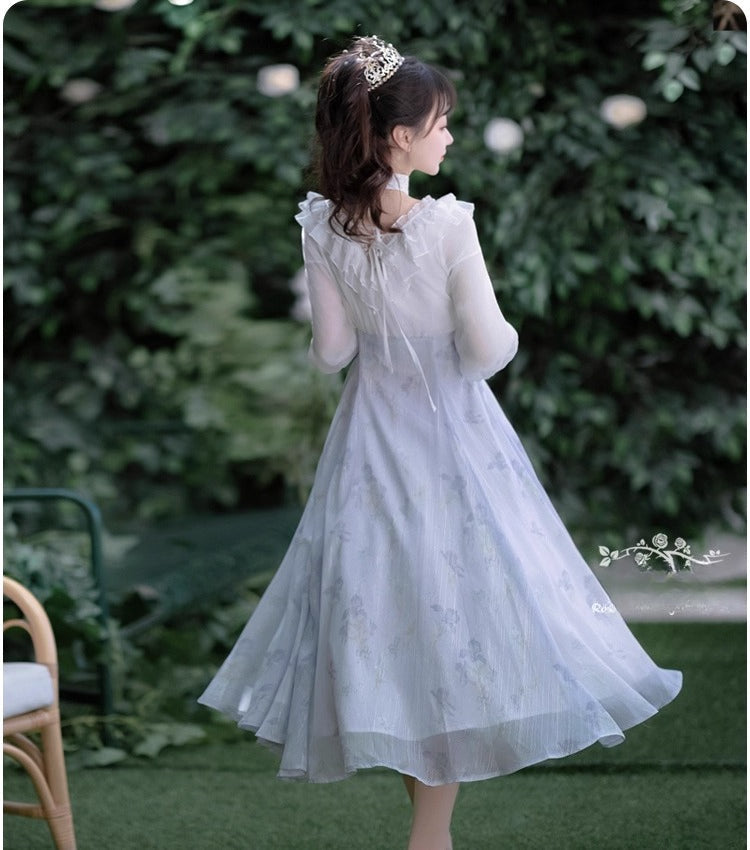 Lolita Fairy Dress! Lace Puff Sleeves + Light Blue Floral Maxi Skirt, Spring Garden Date Outfit