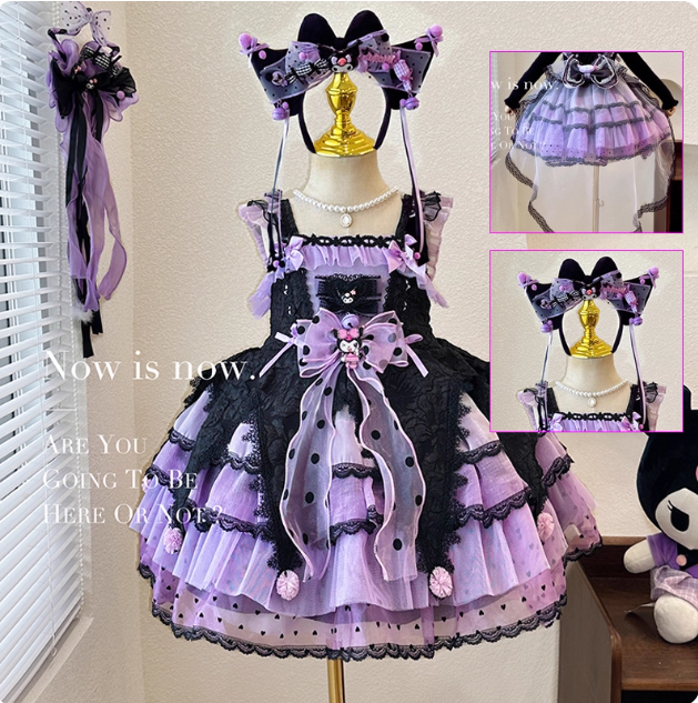 Elegant Black and Purple Lolita Dress for Girls - Intricate Lace and Ruffled Skirt - Perfect for Tea Parties and Special Occasions