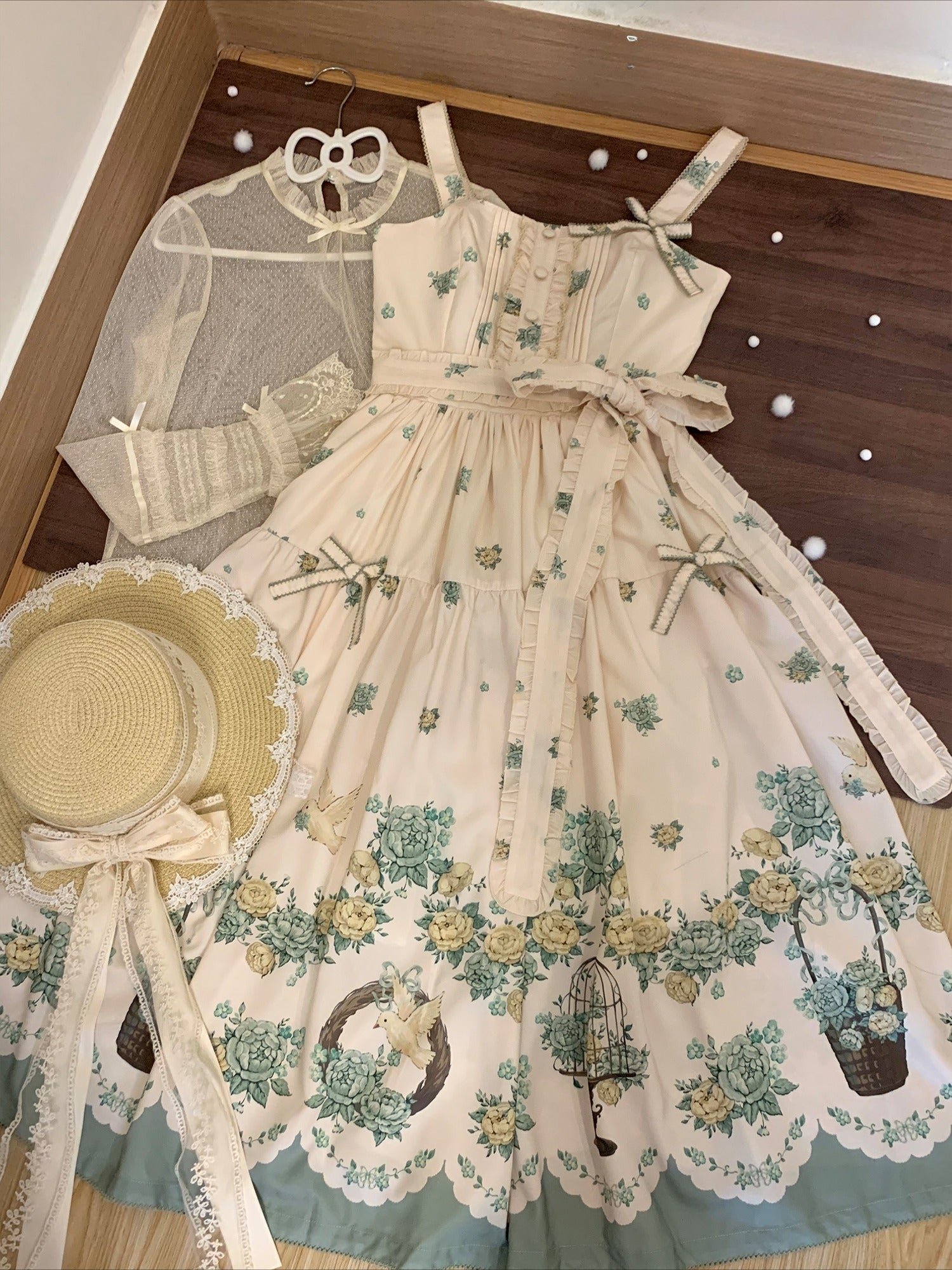 Bluebird Garden Lolita JSK – Elegant Floral Print Cla Series Dress with Waist Tie and Scalloped Hem