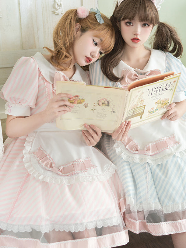 Lemonade Striped Puff-Sleeve Sweet Lolita Dress with Pink Bowknot & Lace Apron