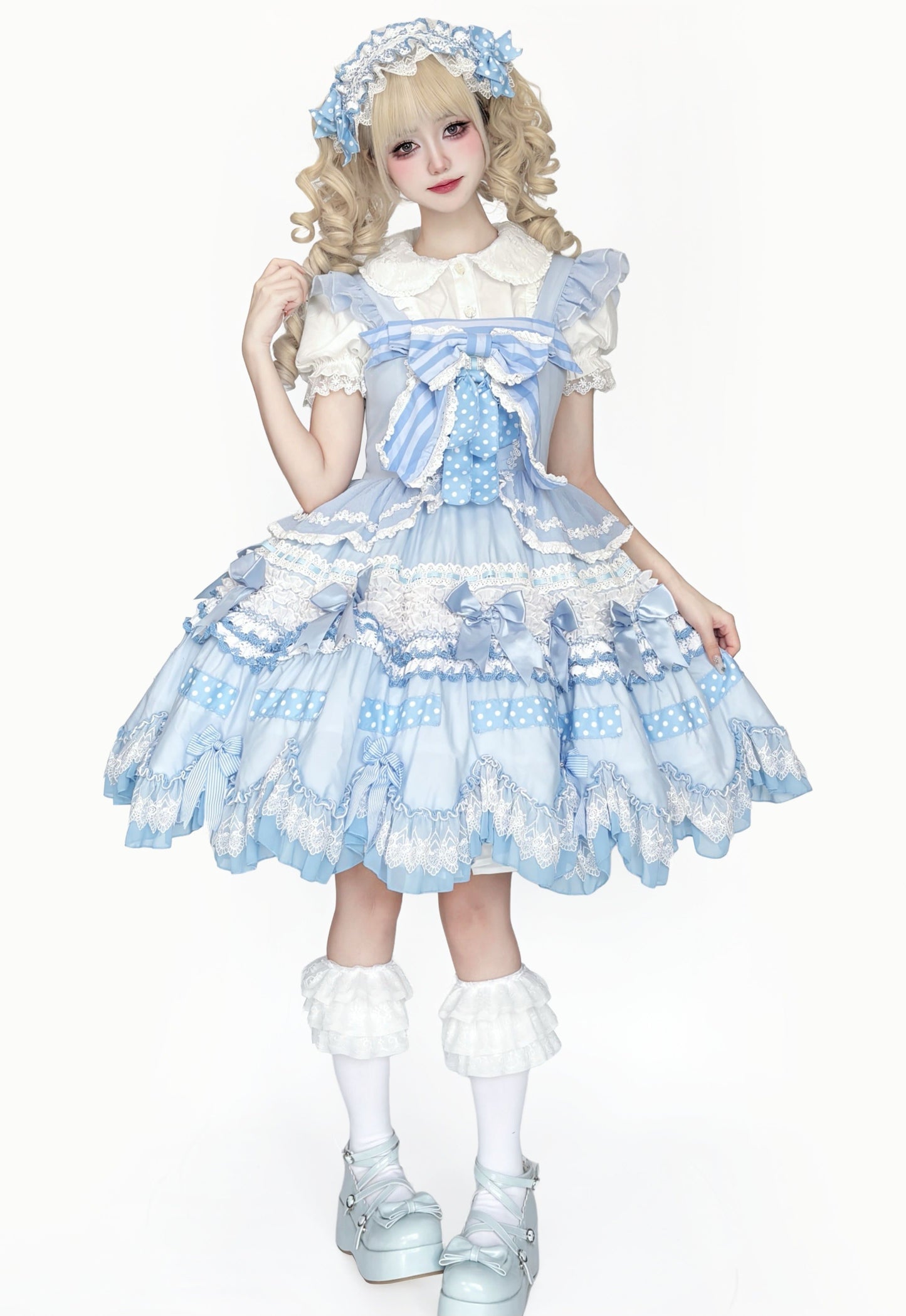 Gothic Aristocrat Lolita Dress - Victorian Black and White Ruffled Doll OP with Cape and Bonnet