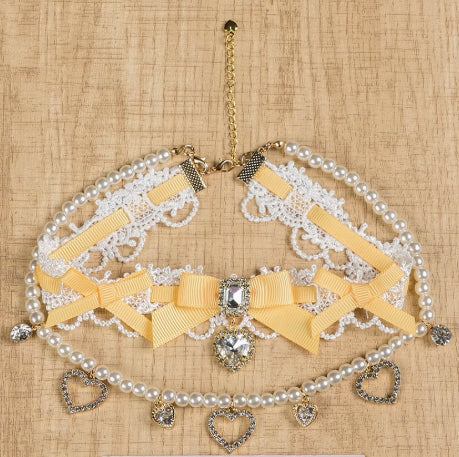 Edgy Punk Style Elaborate Double-Layer Necklace with Pearls and Gemstone Choker Lolita Collarbone Chain