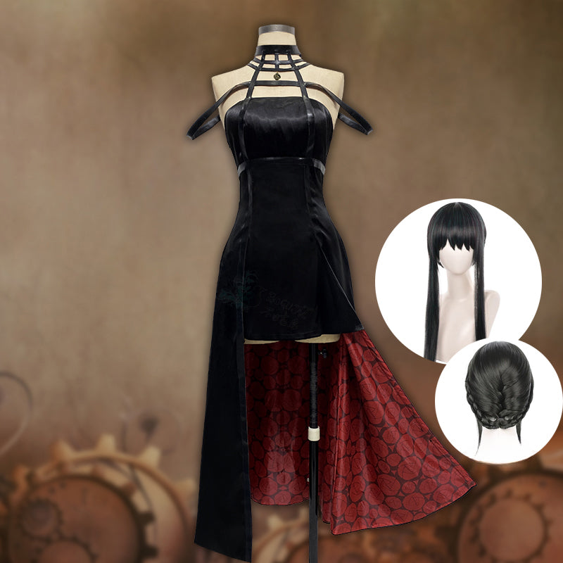 Gothic Contrast Lolita Shorts – High-Waisted Vinyl Cutout Ensemble with Crimson Satin Train & Cosplay-Ready Details