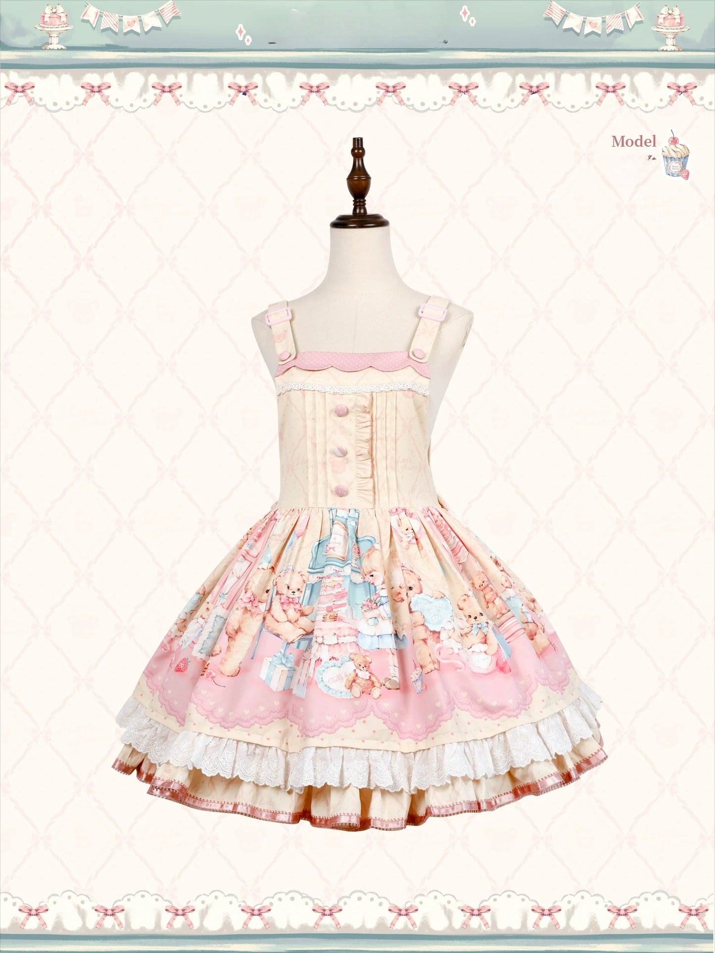 Teddy Bear's Cream Party Sweet Lolita JSK with Lace and Ribbon Accents