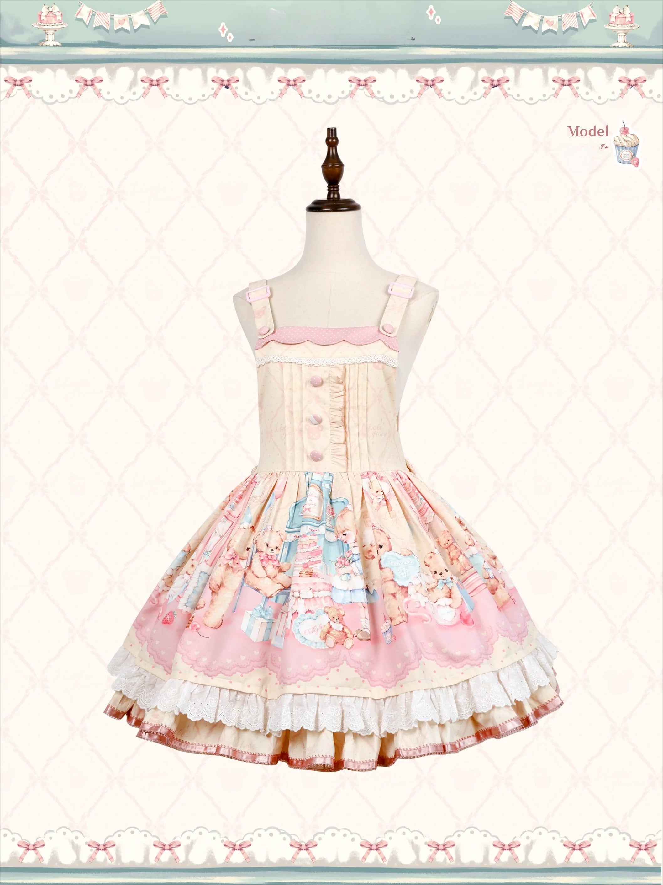 Teddy Bear's Cream Party Sweet Lolita JSK with Lace and Ribbon Accents