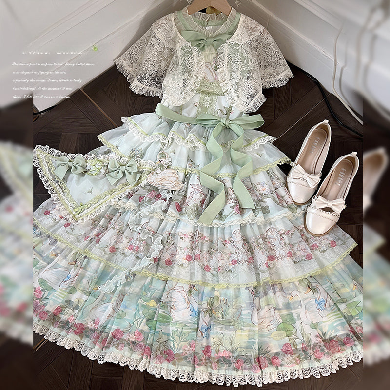 Elegant Vintage Floral Lolita JSK with Ruffled Details and Adjustable Waist Ties