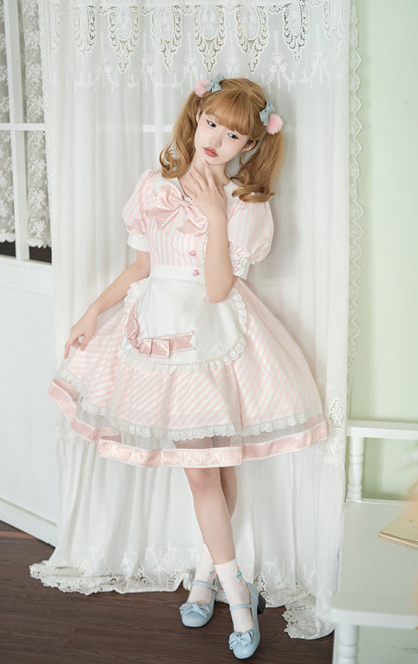 Lemonade Striped Puff-Sleeve Sweet Lolita Dress with Pink Bowknot & Lace Apron