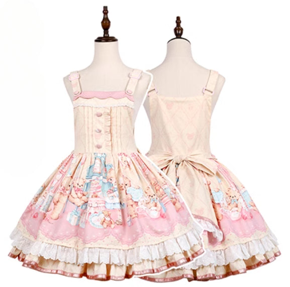 Teddy Bear's Cream Party Sweet Lolita JSK with Lace and Ribbon Accents