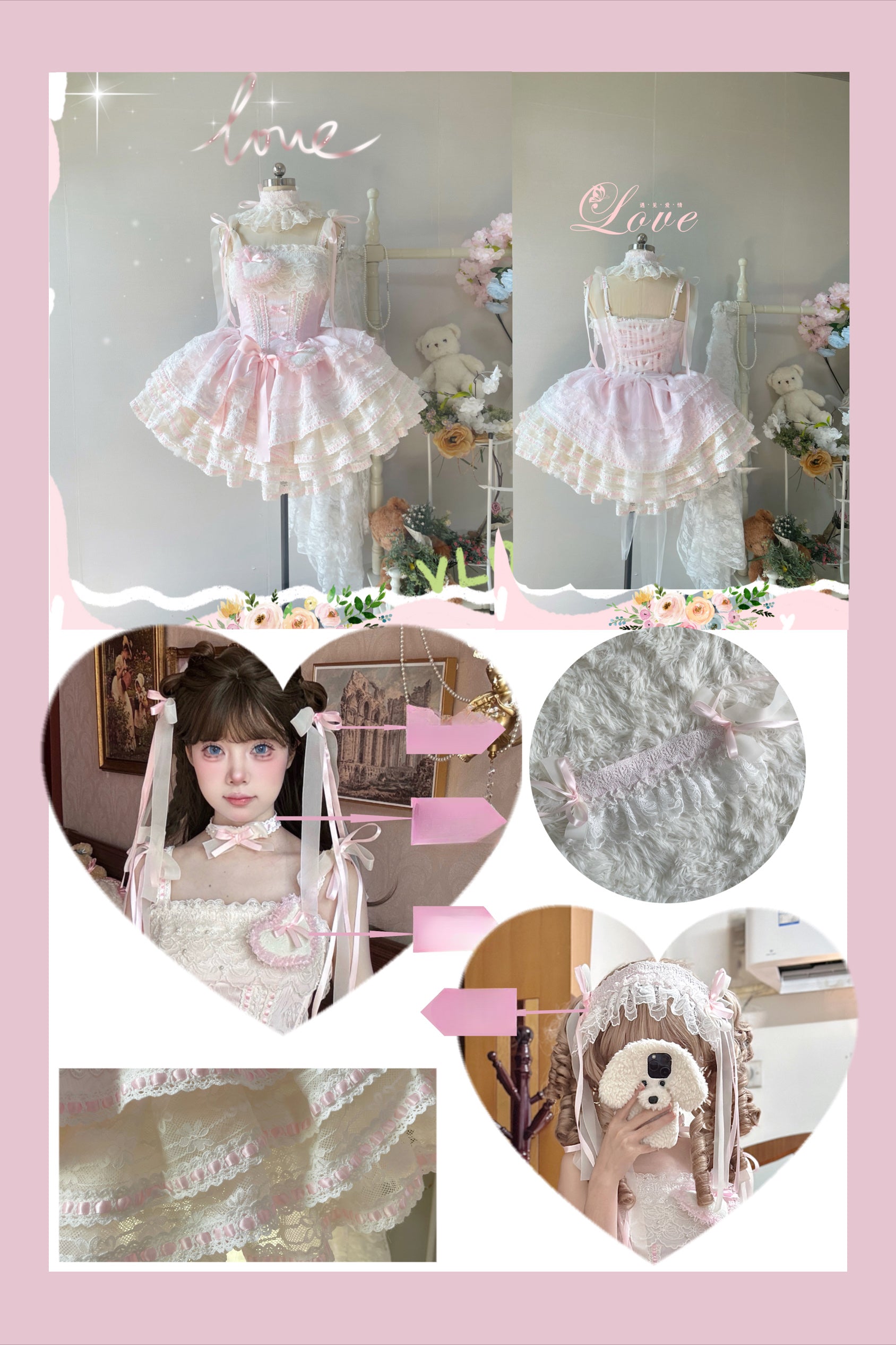Whimsical Pastel Lolita Dress with Embroidered Animal Motifs and Ruffled Skirt