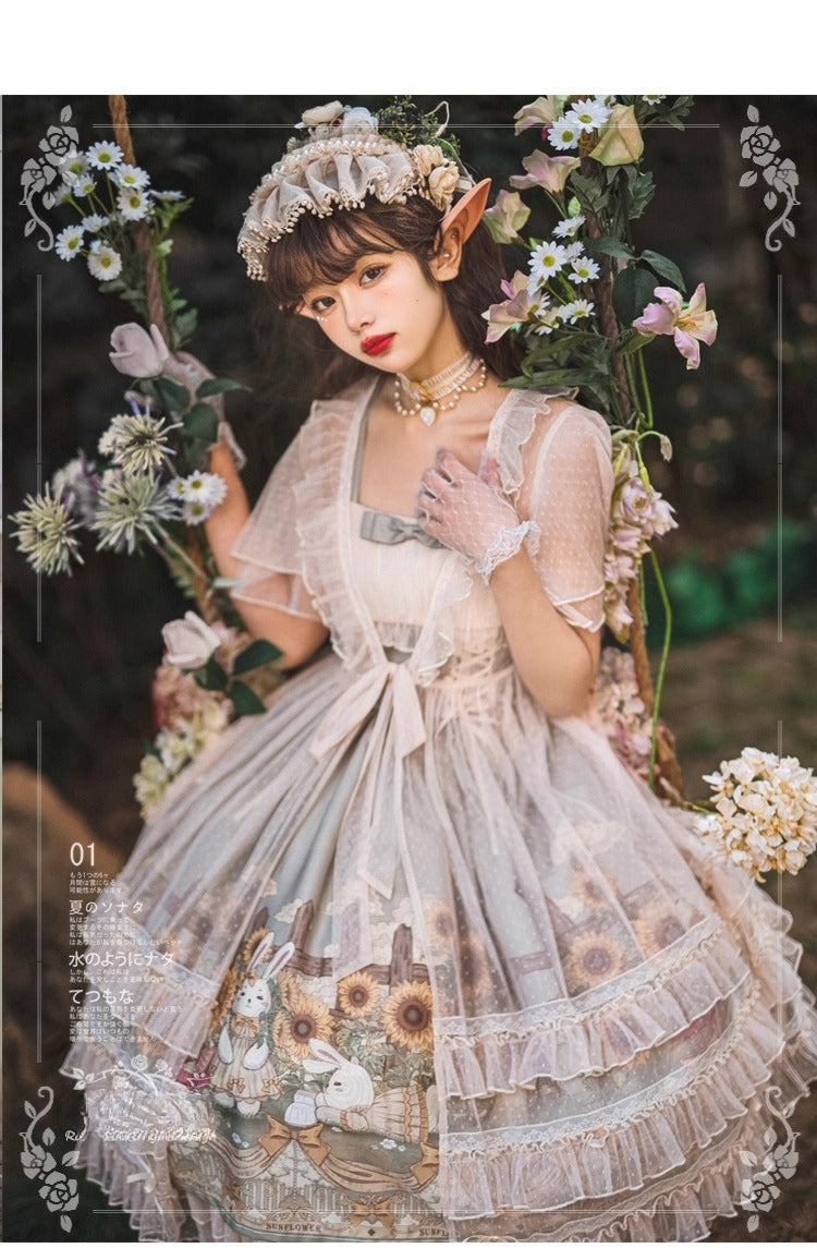 Vintage Floral Lolita Dress with Tulle Layers, Off - the - Shoulder Sleeves & Delicate Headpiece