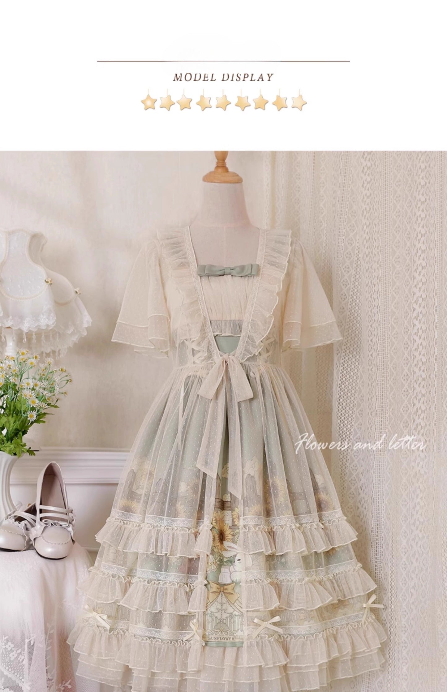 Vintage Floral Lolita Dress with Tulle Layers, Off - the - Shoulder Sleeves & Delicate Headpiece