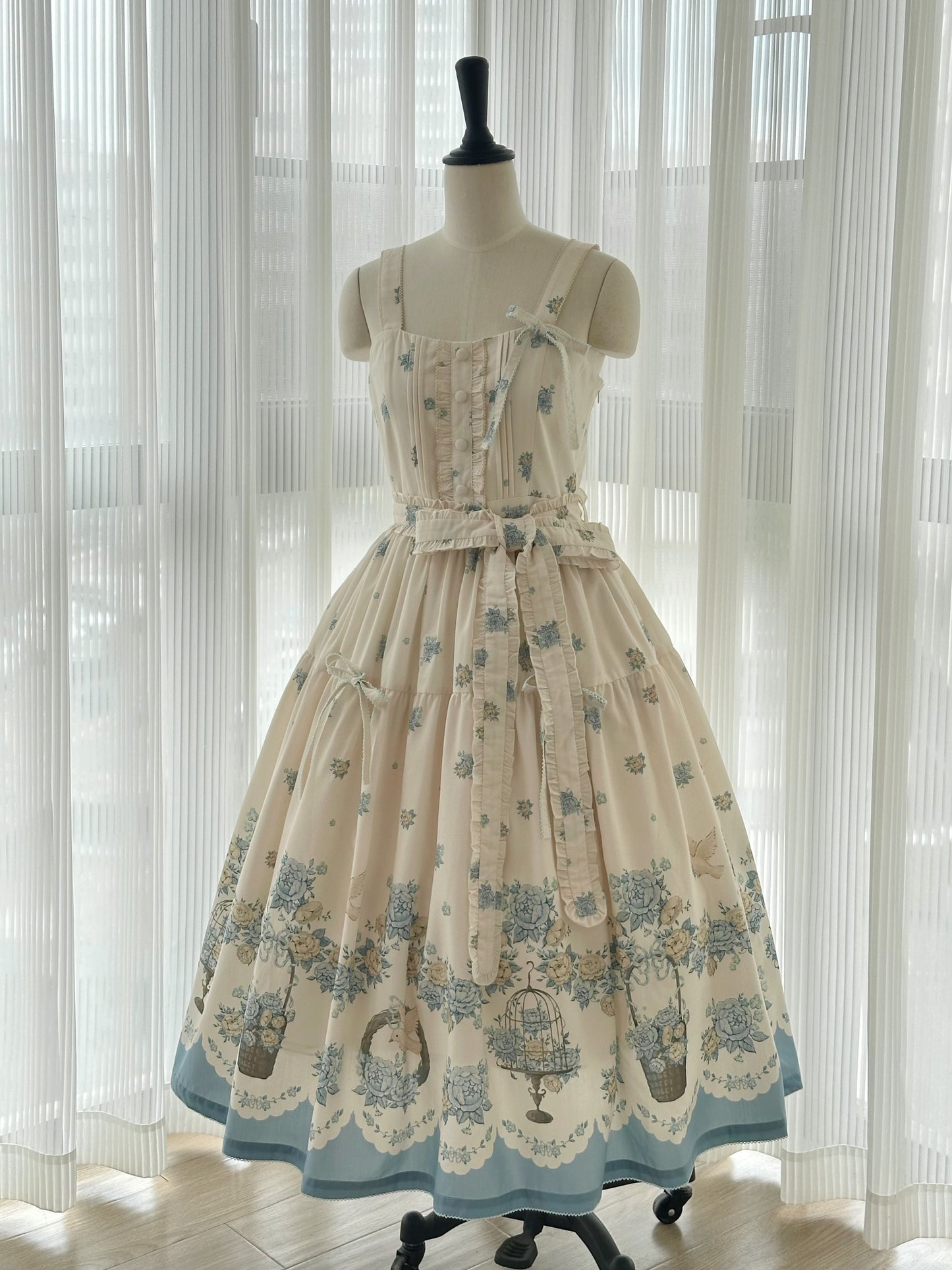 Bluebird Garden Lolita JSK – Elegant Floral Print Cla Series Dress with Waist Tie and Scalloped Hem