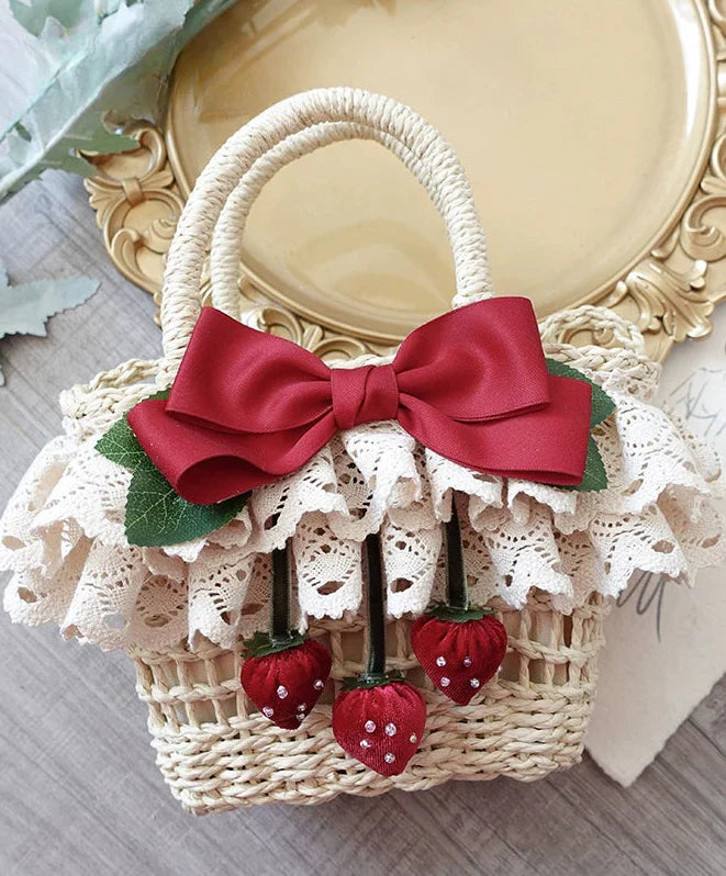 Lolita Strawberry Flower Handcrafted Bag Spring Outing Woven Basket